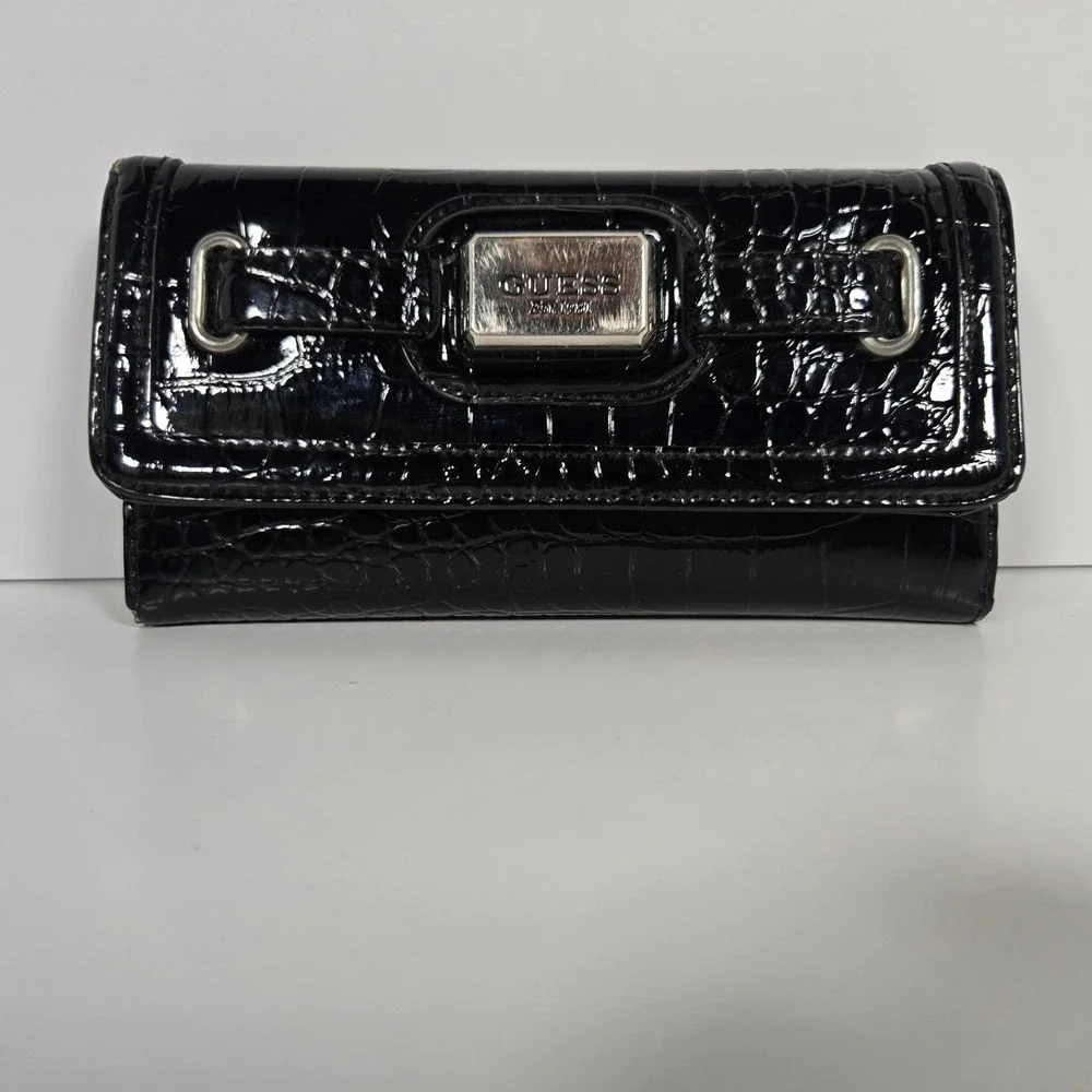 GUESS Satchel & Wallet Set Faux Leather Women Large Purple Black Croc Embossed